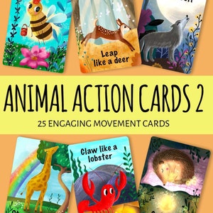 DIGITAL DOWNLOAD. Animal action cards 2. Printable pdf and jpg files. 25 cards. Exercise games for kids. Movement game for kids.