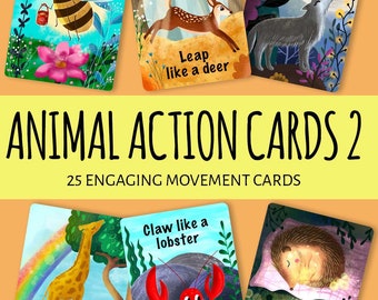 DIGITAL DOWNLOAD. Animal action cards 2. Printable pdf and jpg files. 25 cards. Exercise games for kids. Movement game for kids.