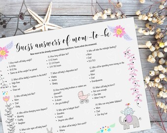 Baby shower game. Guess answers of mom-to-be.  Printable. Instant download. Pink and Gray baby shower. Pastel baby shower.
