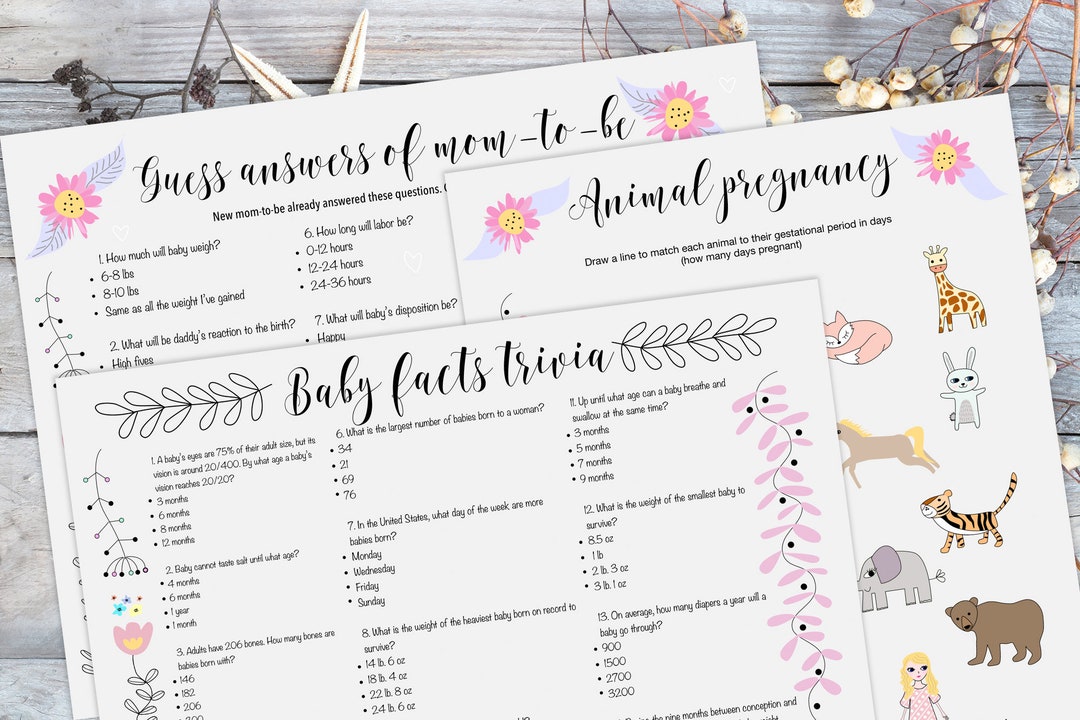 3 Baby Shower Games. Baby Facts Trivia + Animal Pregnancy Game + Guess ...