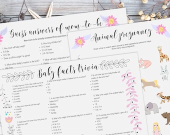 3 Baby shower games. Baby facts trivia + Animal pregnancy game + Guess what mom answered. Printable. Instant download. Baby trivia games.