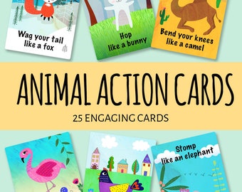 DESCARGA DIGITAL. Tarjetas de acción de animales. 25 cartas. Archivos imprimibles. Tarjetas de acción para niños pequeños. Juegos activos para niños pequeños/niños.