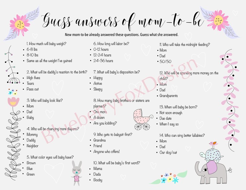 3 Baby Shower Games. Baby Facts Trivia Animal Pregnancy Game Guess What