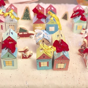 PRINTED 24 Fold-n-glue Christmas houses + Ribbons. DIY Advent Calendar Kit. Fun Christmas Activity!