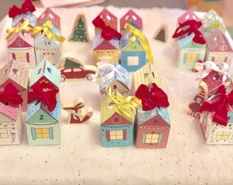 PRINTED 24 Fold-n-glue Christmas houses + Ribbons. DIY Advent Calendar Kit. Fun Christmas Activity!