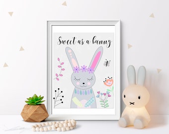 DIGITAL Nursery Print. Cute Bunny Print. Nursery art. Baby girl room decor.  Pastel nursery decor. Nordic art.