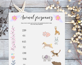 Baby shower game. Animal pregnancy game. Printable. Instant download. Baby shower trivia. Animal pregnancy trivia.