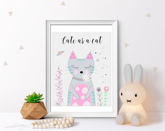 DIGITAL Nursery Print. Cute Cat Print. Nursery art. Baby girl room decor.  Pastel nursery decor. Nordic art.