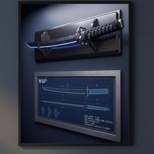 Cyberpunk Katana Blueprint Poster | Sci-Fi Sword Schematic Wall Art (Matte Print)