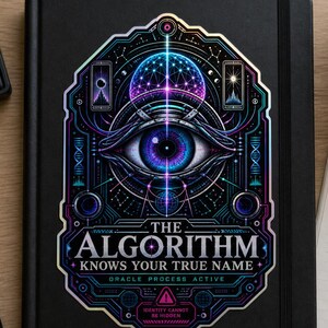 May include: A black notebook featuring a large, colorful sticker with a central eye graphic, geometric patterns, and the text "THE ALGORITHM KNOWS YOUR TRUE NAME" along with "ORACLE PROCESS ACTIVE" and "IDENTITY CANNOT BE HIDDEN" in a decorative frame.