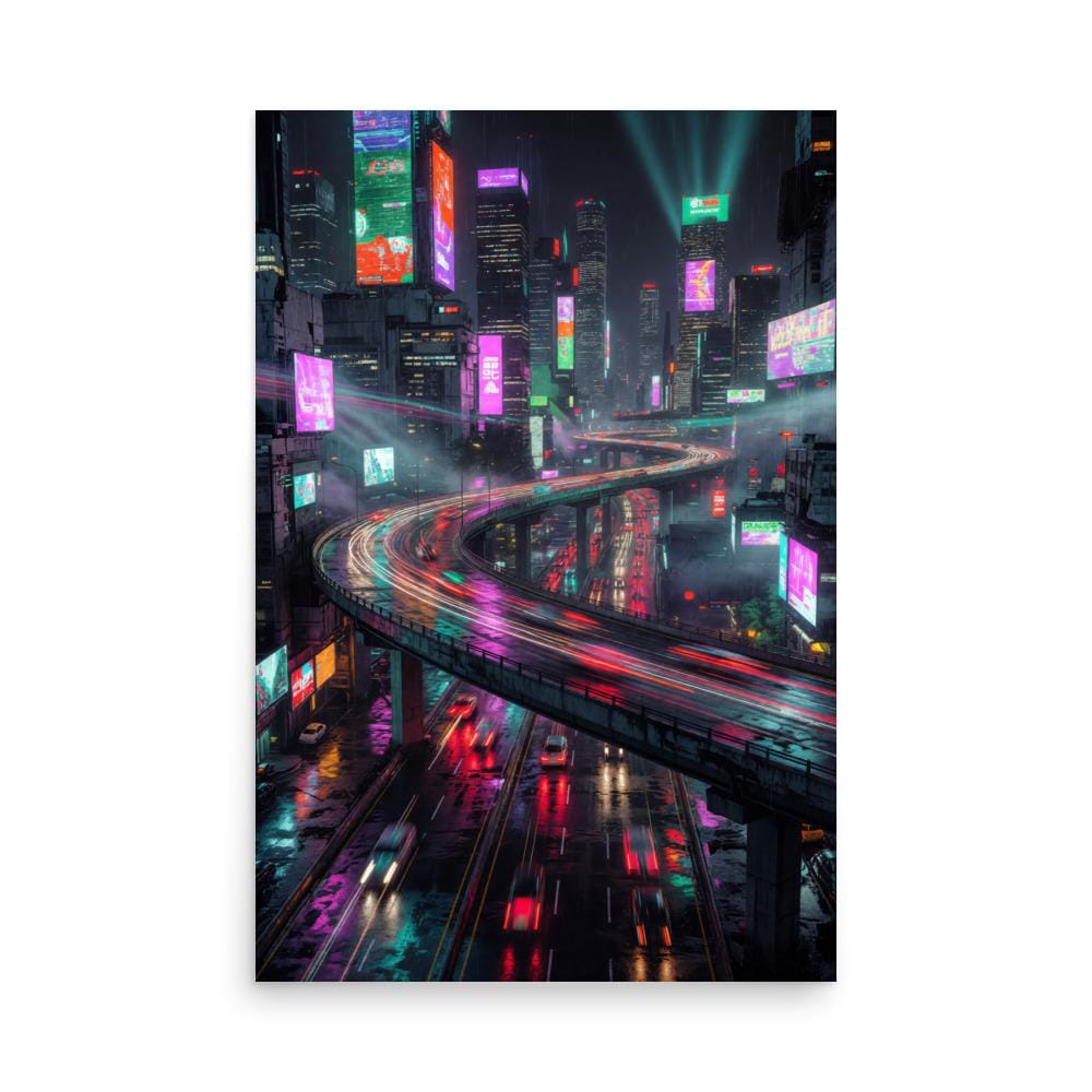 Neon Highway Night City Poster | Cyberpunk Traffic Sci-Fi Wall Art