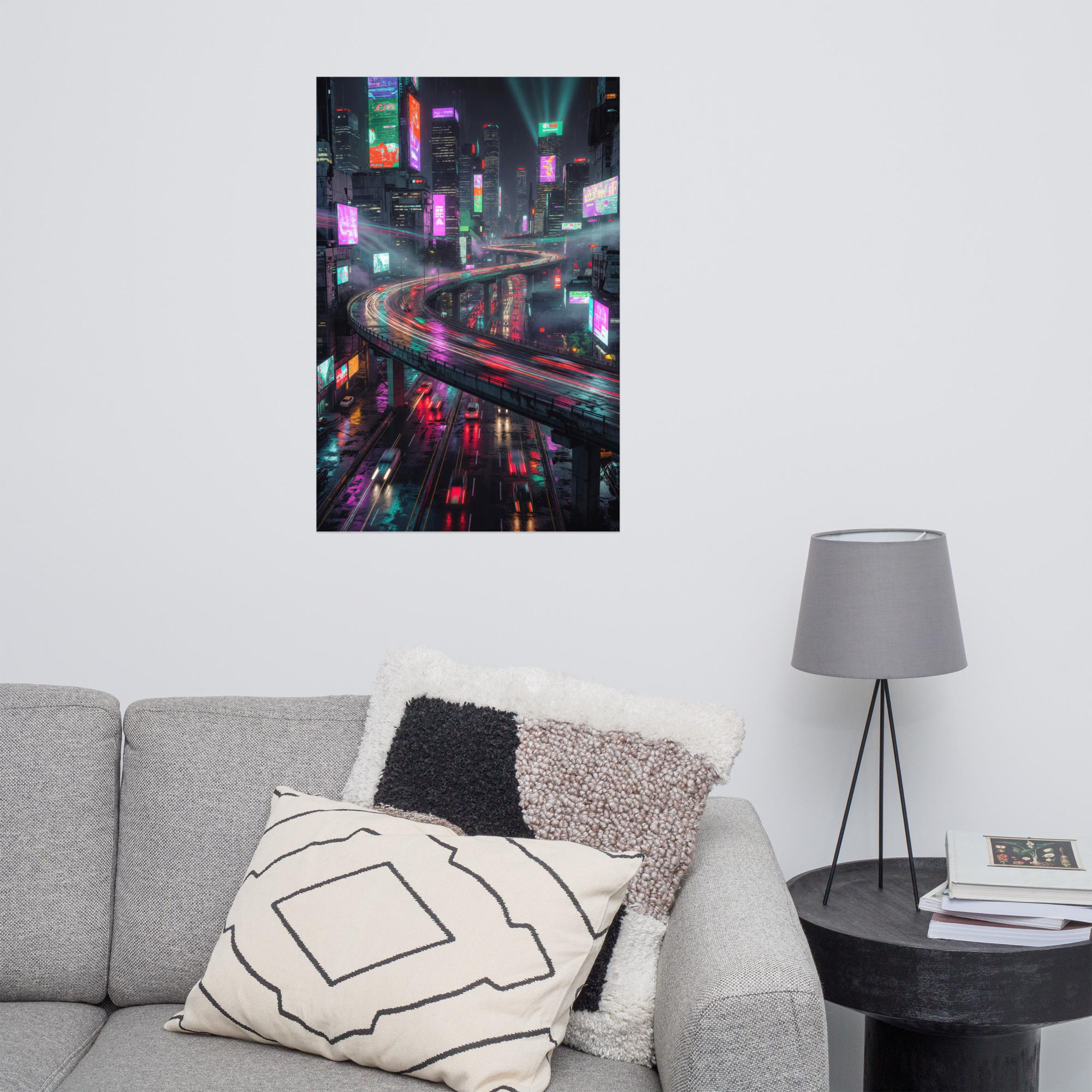 Neon Highway Night City Poster | Cyberpunk Traffic Sci-Fi Wall Art