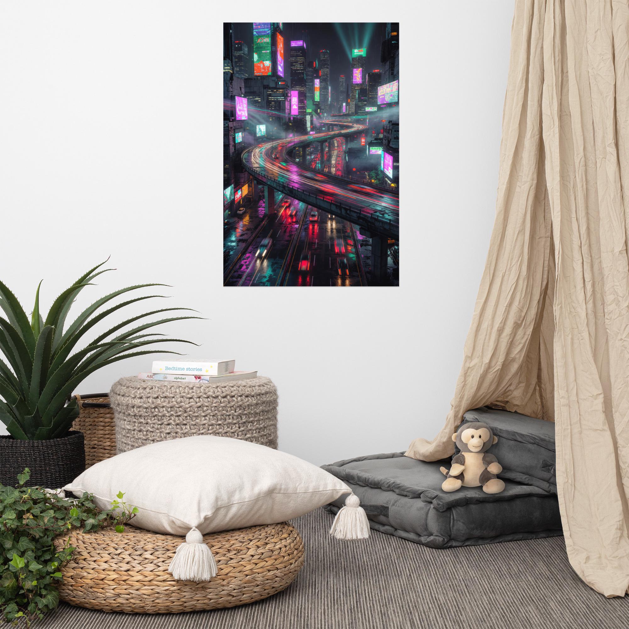 Neon Highway Night City Poster | Cyberpunk Traffic Sci-Fi Wall Art