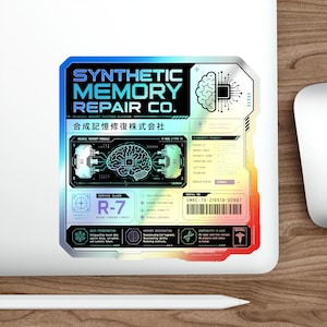 May include: A holographic sticker with a futuristic design. The sticker features the text "SYNTHETIC MEMORY REPAIR CO." and "合成記憶修復株式会社". It includes a brain graphic, circuit board, and diagnostic readout. The service class is R-7.