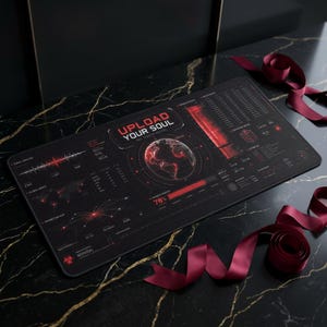May include: Black rectangular desk mat with a futuristic design. The mat features a world map graphic, data visualizations, and the text "UPLOAD YOUR SOUL" in red. A red ribbon is curled on the side.