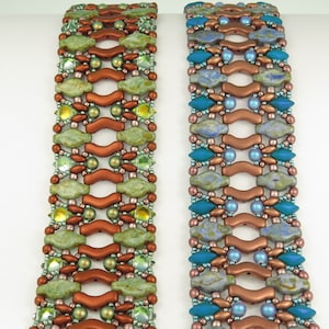 May include: Two beaded bracelets with a geometric pattern. The bracelet on the left has green, brown, and gold beads. The bracelet on the right has blue, brown, and silver beads.