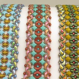 May include: Three beaded bracelets featuring a geometric design. The bracelets are crafted with iridescent blue, turquoise, gold, green, and red beads.