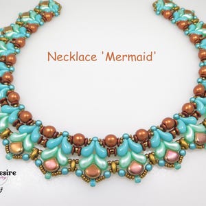 May include: A beaded necklace titled Necklace 'Mermaid' featuring a repeating pattern of turquoise, light green, and metallic copper beads. The design incorporates teardrop-shaped beads, round spheres, and small spacer beads arranged in a symmetrical, layered collar structure.