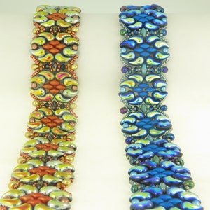 May include: Two beaded bracelets featuring a geometric design. The bracelet on the left is made with orange, gold, and silver beads. The bracelet on the right is made with blue, green, and purple beads.