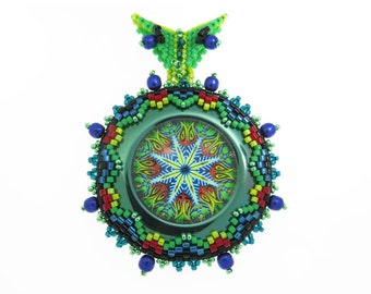 Mandala Pendant - Kit & Tutorial - Cabochon Delica and Seed Beads Peyote Pearl  - Beading Pattern - Beaded Pendant Tutorial - KIT