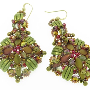 May include: A pair of green, brown, and red beaded earrings with gold-tone hooks. The earrings are made with a variety of beads, including seed beads, bugle beads, and teardrop beads.