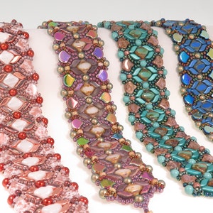 May include: Four beaded bracelets in different colours and patterns. The bracelets are made with small, colourful beads and feature a variety of shapes and textures.