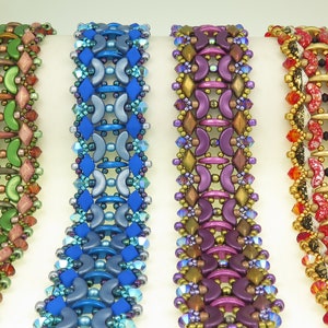 May include: Four beaded bracelets in different colour combinations. The bracelets are made with small, colourful beads in a geometric pattern. The bracelets are displayed on a white background.