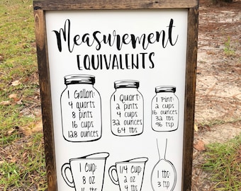 May include: Wooden framed sign with the words "Measurement Equivalents" in black script. The sign displays measurement conversions for gallons, quarts, pints, cups, tablespoons, and ounces in a clear, easy-to-read format.