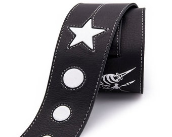 Leather guitar strap, black and white guitar strap, Star instrument strap - the COSMONAUT