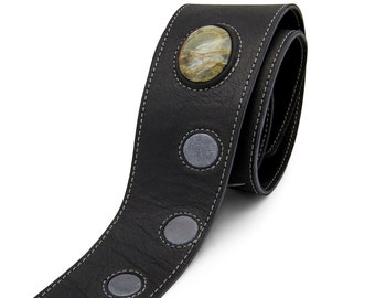 Personalized guitar strap, Black leather guitar strap with stone - the LUV CHILD