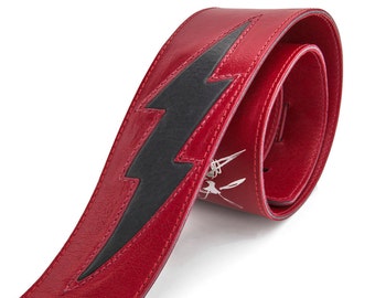 Red guitar strap, leather guitar strap with lightening bolt - the GENERATOR