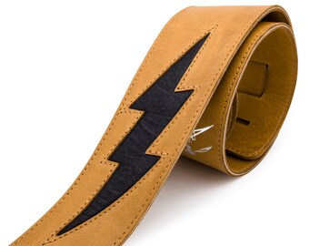 Tan brown leather guitar strap, personalized instrument strap, lightening bolt - the GENERATOR