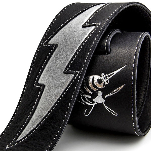 Leather guitar strap, Black and silver guitar strap - the GENERATOR