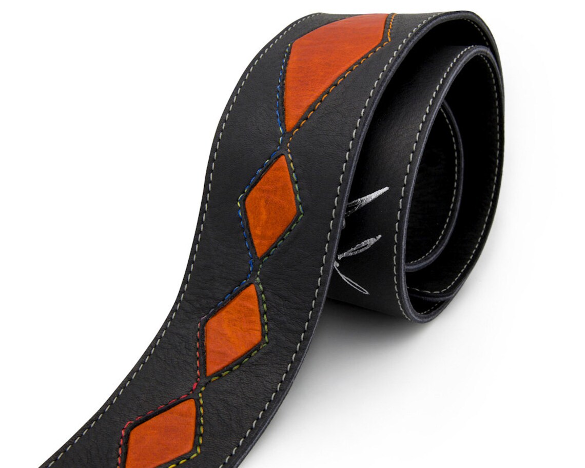 Custom Guitar Strap, Black and Orange Leather Guitar Strap the CRAZY