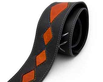 Custom guitar strap, black and orange leather guitar strap - the CRAZY HORSE