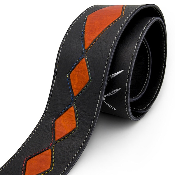 Custom guitar strap, black and orange leather guitar strap - the CRAZY HORSE