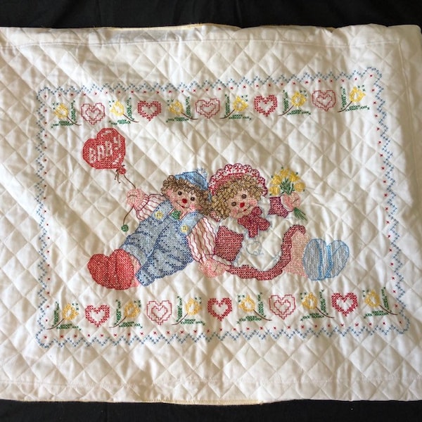 Hand Embroidered Cross Stitch Raggedy Ann and Andy Baby Quilt