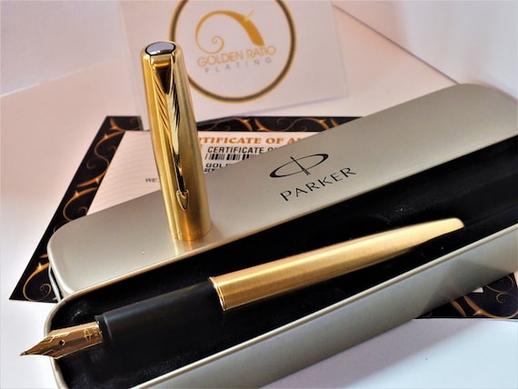 24ct Gold Plated Black Parker Frontier Fountain Writing Pen IGift Tin Ink 24k