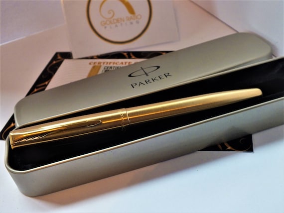 24ct Gold Plated Black Parker Frontier Fountain Writing Pen IGift Tin Ink 24k