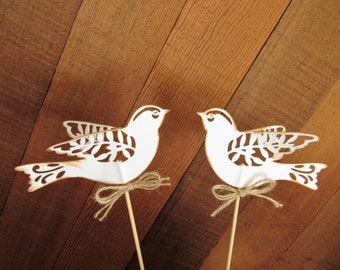 Two wedding cake topper lace birds in rustic aged white