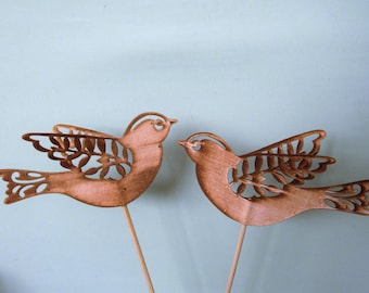 Set of two cardstock lace birds in wood grain finish - wedding cake topper