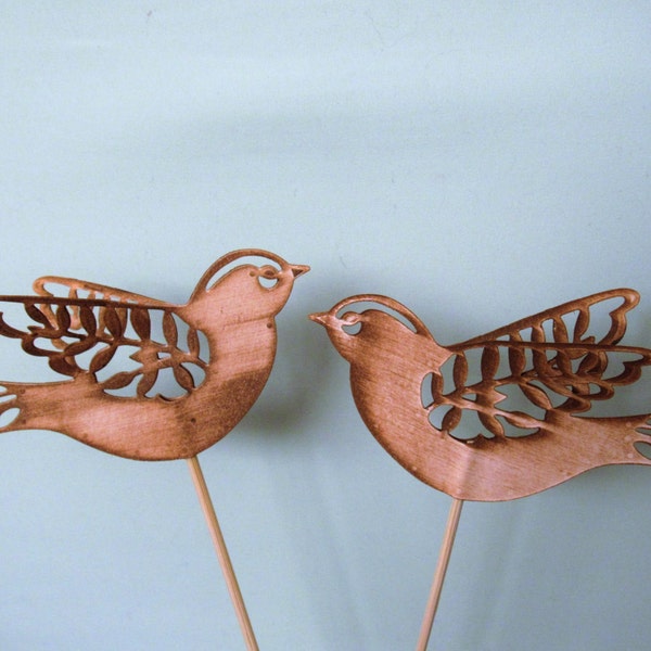 Set of two cardstock lace birds in wood grain finish - wedding cake topper