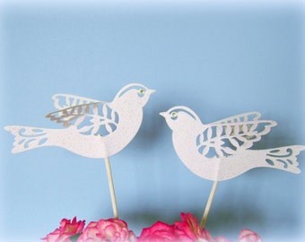 Two lace birds wedding cake topper in sparkling / glitter white