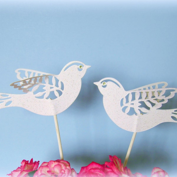 Two lace birds wedding cake topper in sparkling / glitter white