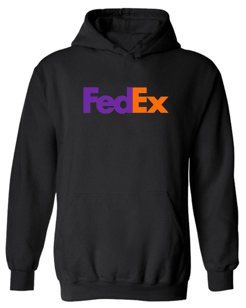 May include: Black hooded sweatshirt with the FedEx logo in purple and orange.