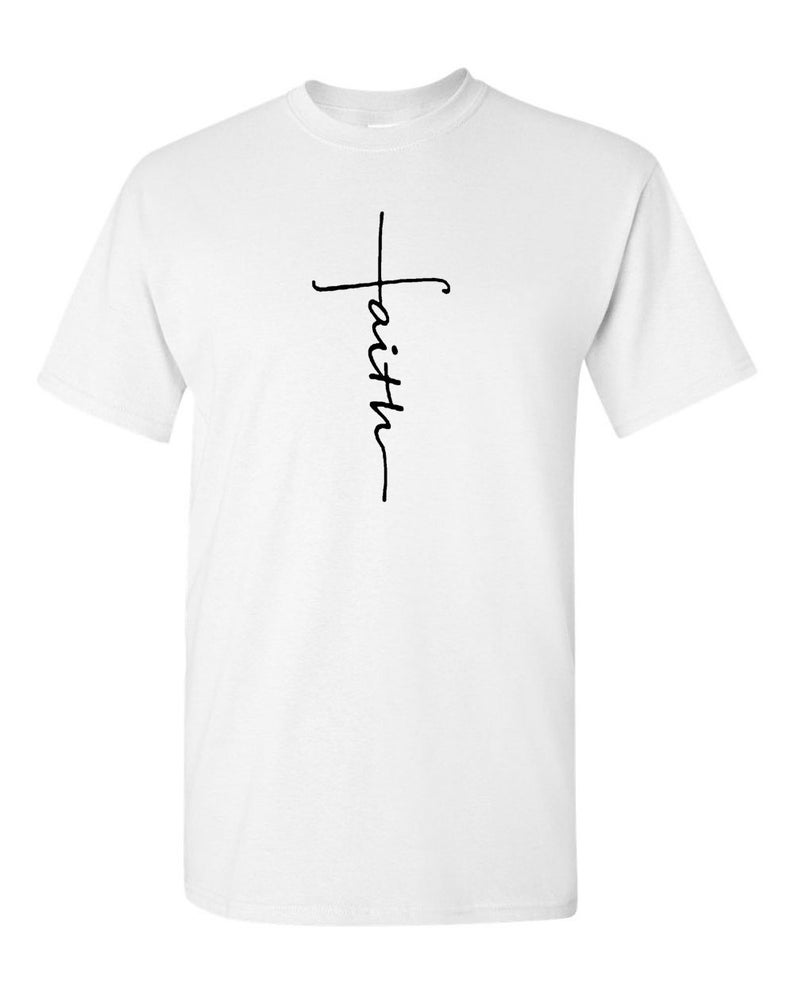 May include: White t-shirt featuring a black handwritten cross design with the word "faith" vertically aligned. The shirt is made of a soft, lightweight material, suitable for casual wear. The design is simple and elegant.