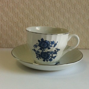 Royal Blue Ironstone Enoch Wedgwood Tea Cup and Saucer Set Blue Cornflower England Platinum Edge