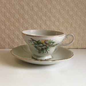 Vintage White Dogwood Blossoms Gold Trim Footed Tea Cup and Saucer Made in Japan