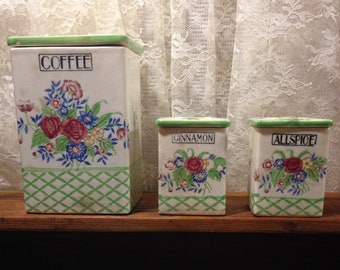Vintage Square Canisters Kitchen Lattice and Flowers Made in Japan Coffee Cinnamon Allspice