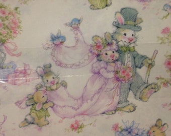 Gift Wrap Bunny Wedding Day Bride Groom Carrot Cake Flowers Birds Guests Vintage Party Paper 2 Sheets each Hallmark Cards Inc Unopened